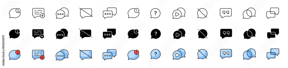 Poster message set icons. message bubble icons. linear, silhouette and flat styles. vector icons.