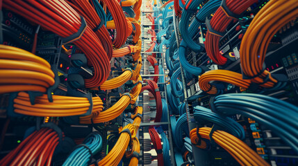 Vibrant, multicolored cables densely packed in a server room, creating a web of connections in the bustling heart of a data center.