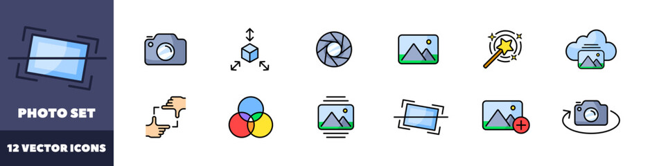 Photo set icons. Gallery icons. Flat style. Vector icons.