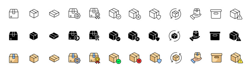 Box set icons. Delivery icons. Linear, silhouette and flat styles. Vector icons.