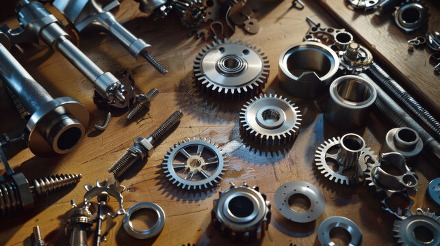 A close-up of various metal gears and components spread on a wooden table, showcasing the intricacy of mechanical design.