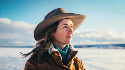 A woman in a wide-brimmed hat and winter coat gazes thoughtfully into the distance, set against a wintry landscape, embodying contemplation and resilience.