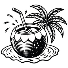 A vivid and lively illustration of a coconut on a beach, designed to be printed on a T-shirt.