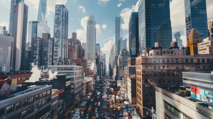 A bustling cityscape with towering skyscrapers under a bright sky, capturing urban energy and the busy life of downtown.