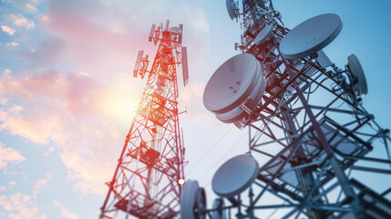 Two large communication towers against a backdrop of a vibrant sunrise sky, symbolizing connectivity and technological advancement.