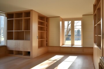 Obraz premium Modern Wood Bookcase in a Bright Room