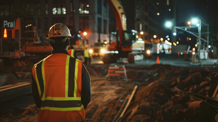 Obraz premium Nighttime construction scene with a worker in a safety vest observing the heavy machinery, highlighting the intensity and labor involved.