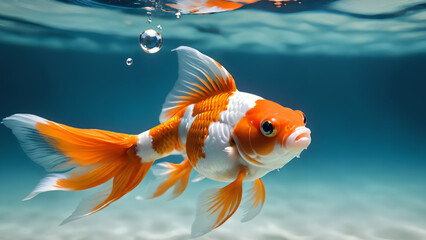 Fototapeta premium Orange and white goldfish swimming in a clear blue water