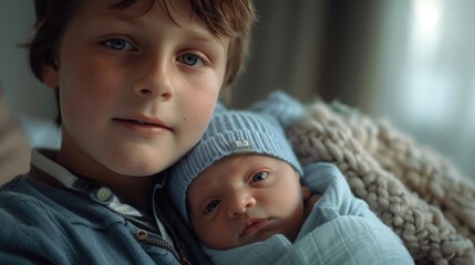 Young boy cradling a baby in his arms, tender moment of care and protection