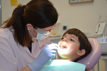 A child with a dentist in a dental office. Dental treatment in a children's clinic , ai
