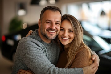 Fototapeta premium A happy couple bought a new car at a car showroom , ai