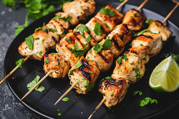 Chicken reshmi kabab or chicken malai kabab, delicious Mughlai cuisine, serve with mint chutney and tomato sauce. selective focus.