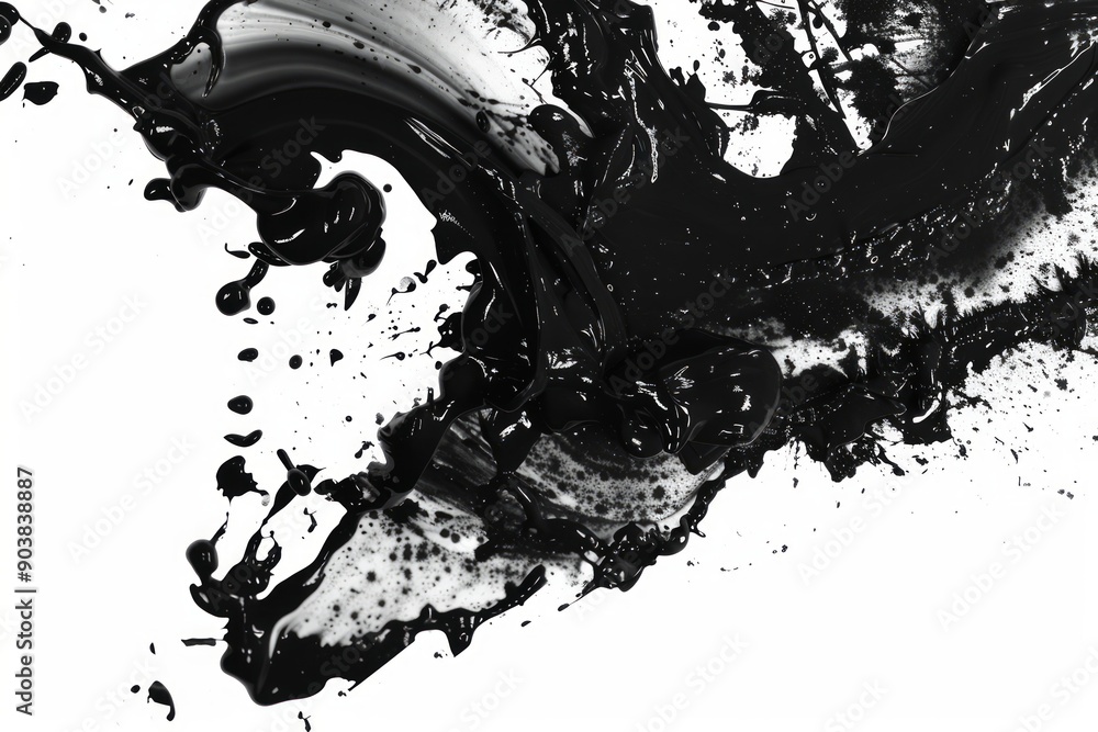 Poster an abstract representation of dynamic black and white paint splashes artistically arranged on a whit