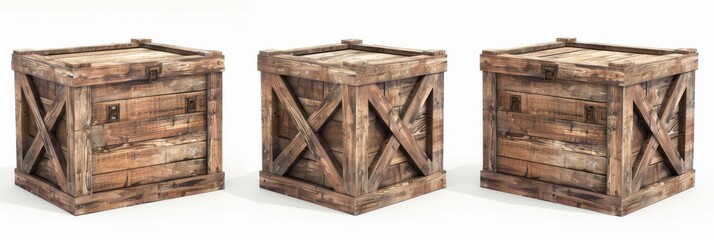 Wooden Boxes. Cargo Container with Plank Wood Isolated on White Background