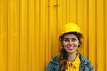 Yellow Metal: Portrait of Happy Female Construction Worker with Hardhat on Construction Site