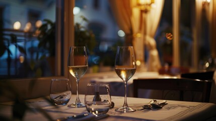 A table setting with two glasses of wine and an empty space for dinner or social gathering