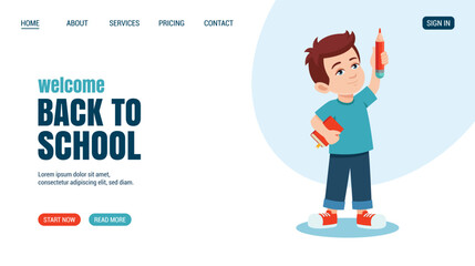 Little boy with pencil and book. Education, knowledge, student concept website, web page design. Vector illustration. Training concept banner. Time to study