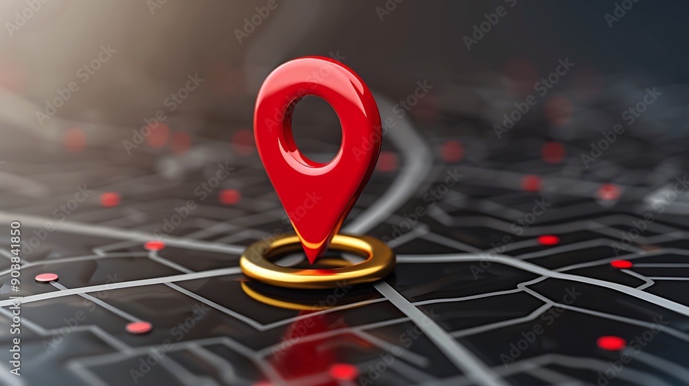Poster illuminated location pin on a dark map background with glowing lights and bokeh effects