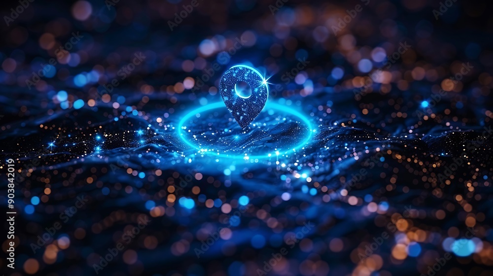 Aufkleber illuminated location pin on a dark map background with glowing lights and bokeh effects
