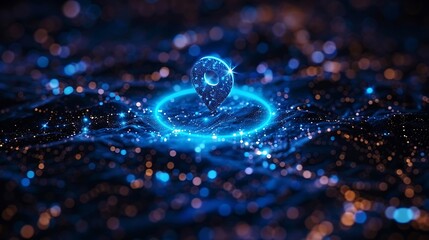 Illuminated Location Pin on a Dark Map Background with Glowing Lights and Bokeh Effects