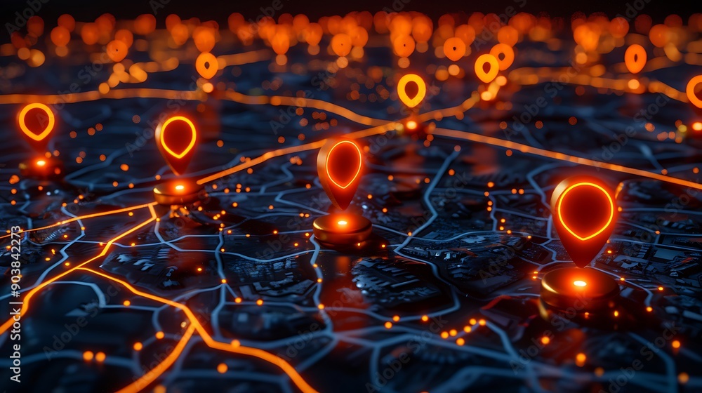 Poster illuminated location pin on a dark map background with glowing lights and bokeh effects