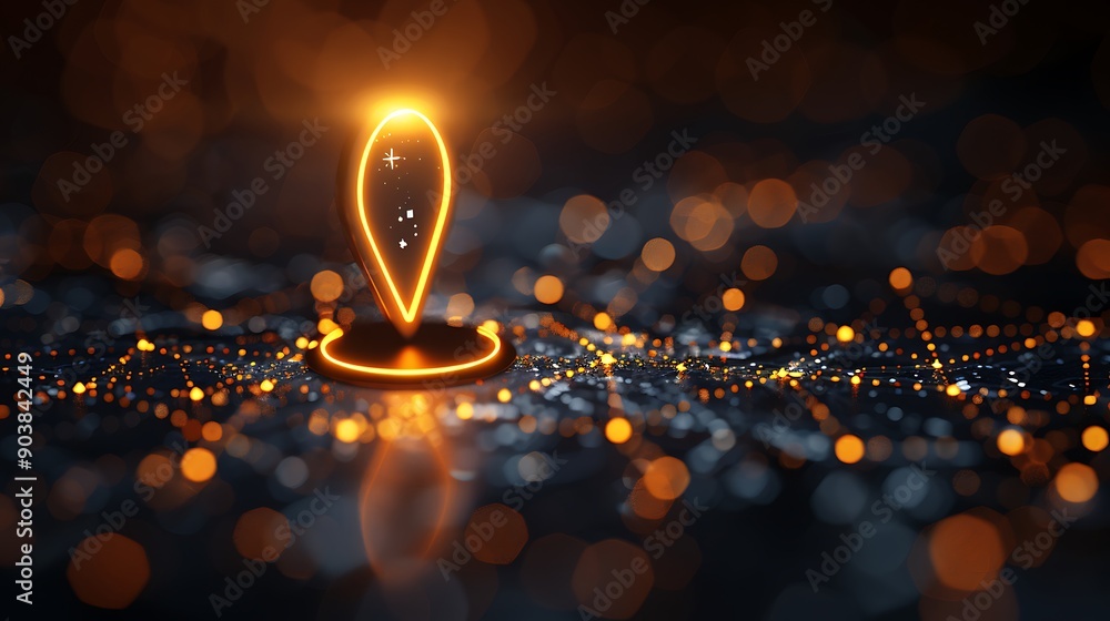 Aufkleber illuminated location pin on a dark map background with glowing lights and bokeh effects