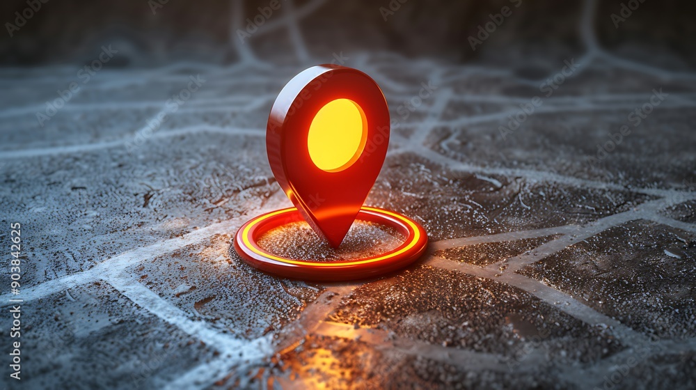Aufkleber illuminated location pin on a dark map background with glowing lights and bokeh effects