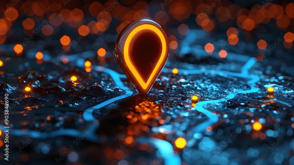 Aufkleber illuminated location pin on a dark map background with glowing lights and bokeh effects