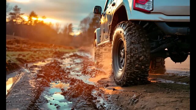 focus of offroad car wheels, in the middle of a muddy road
