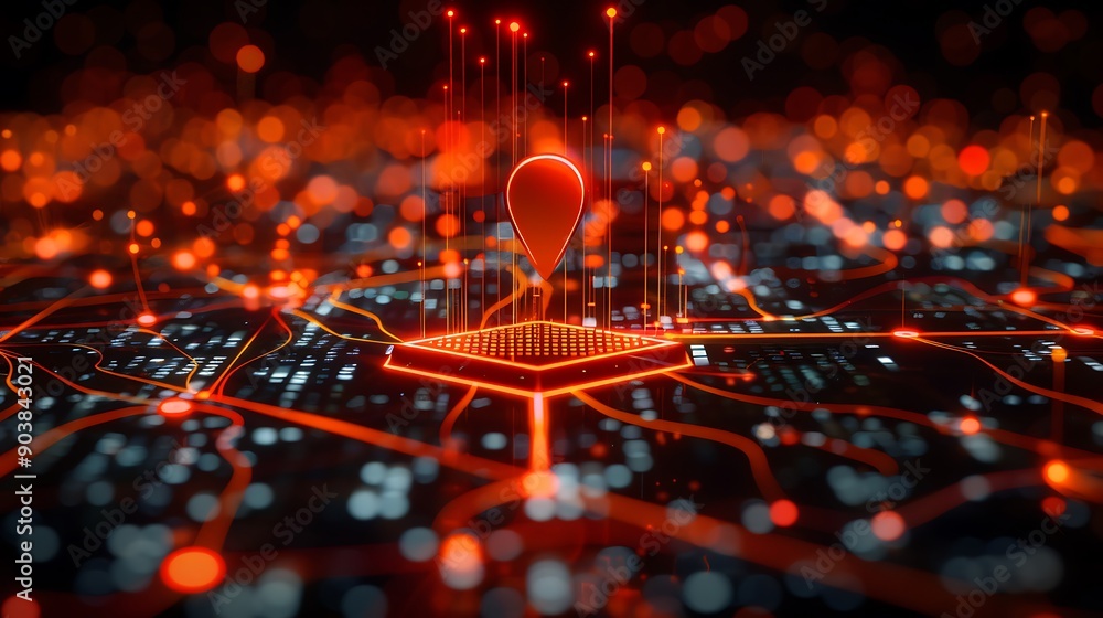 Aufkleber illuminated location pin on a dark map background with glowing lights and bokeh effects