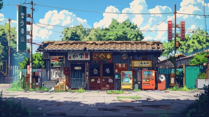 Fototapeta premium A quaint traditional Japanese street scene with vending machines under a sunny sky.