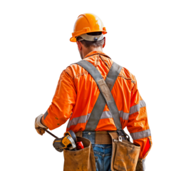 Construction Worker: Back to Work. A skilled construction worker, clad in a safety vest and helmet, stands poised, tools at the ready, ready for the day's challenges.  