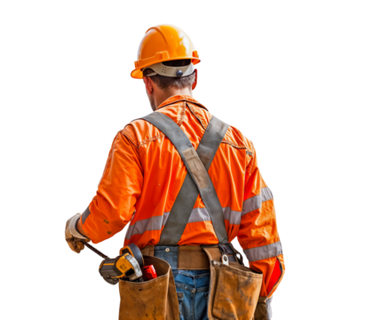 Construction Worker: Back to Work. A skilled construction worker, clad in a safety vest and helmet, stands poised, tools at the ready, ready for the day's challenges.  