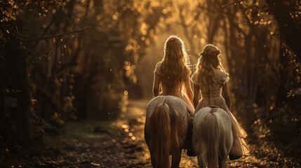 Two riders on horseback in a forest, captured in golden morning light.