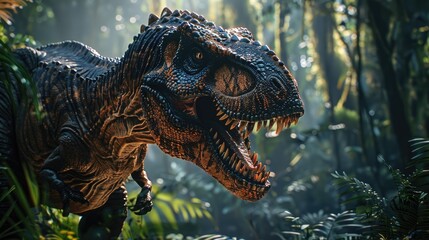 Tyrannosaurus Rex dinosaur roaring in a dense, misty prehistoric forest