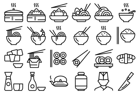 Icon Set mit asiatischem Essen. Dumplings, Nudeln, Sch&uuml;sseln, St&auml;bchen, Take Away. Vollst&auml;ndig editierbar.