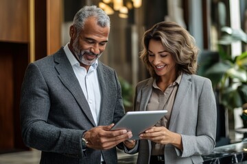 Two business colleagues enjoying a laugh over a tablet. An executive and a young female employee share a laugh.