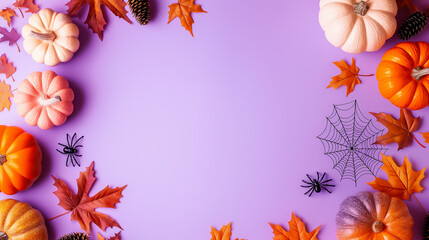 Obraz premium Vibrant Halloween scene with colorful pumpkins, autumn leaves, and spider webs against a rich purple backdrop