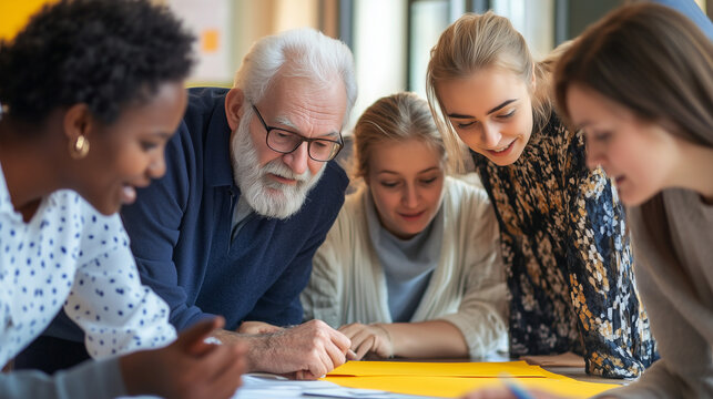 A group of diverse people, including an older man young woman wearing business casual attire, collaboration among different age groups within their professional environment