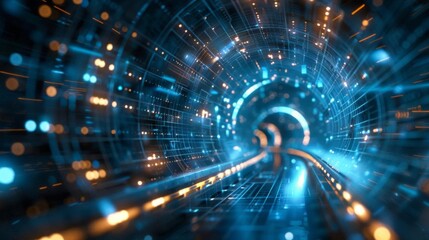 Fototapeta premium Abstract digital tunnel with glowing lights and data streams.