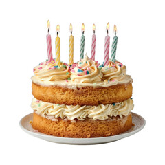 Birthday cake with candles isolated on transparent background cutout PNG