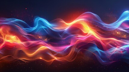 Abstract glowing waves of blue, orange, and red light.