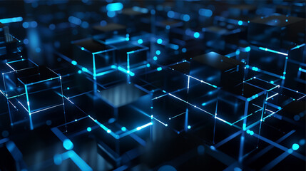 3d render, abstract background with blue cubes and neon lights.