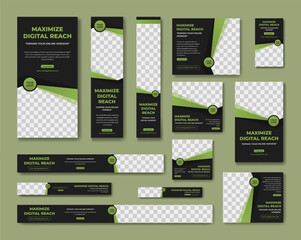 Website ads banner design template set, color black and green business template premium vector. Suitable for social media, advertising, marketing campaigns