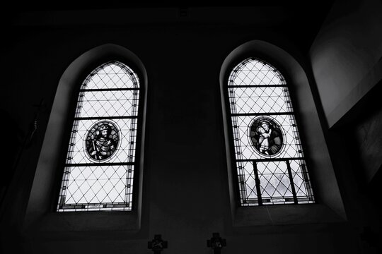 Saint Ludovicus, Saint Antonius, Stained glass, Storkensohn, Haut Rhin, Grand Est, France, Europe