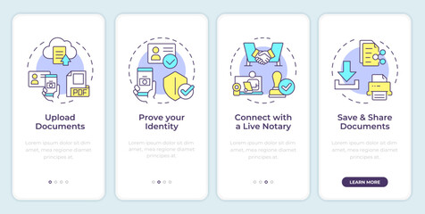 Complete online notarization onboarding mobile app screen. Walkthrough 4 steps editable graphic instructions with linear concepts. UI, UX, GUI template. Montserrat SemiBold, Regular fonts used