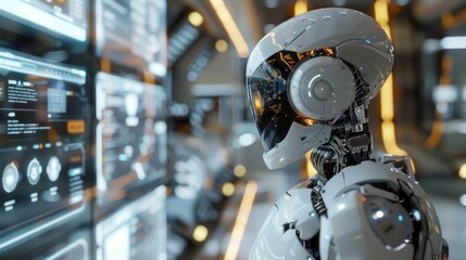 Fototapeta premium A sleek AI robot reporter, resembling a human, presents news from a sophisticated studio. The robot's design incorporates smooth metallic surfaces and illuminated accents, suggesting advanced