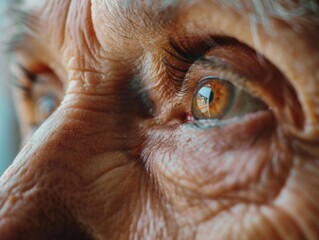 A close-up shot of an older woman's eye with wrinkles and age spots