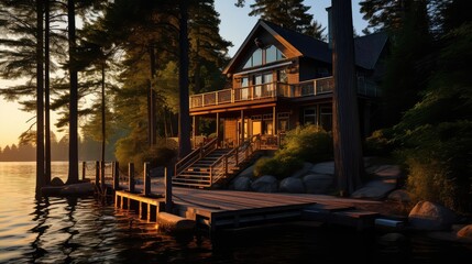 Obraz premium deck lakefront house