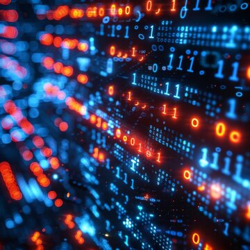 Abstract digital background with glowing binary code.